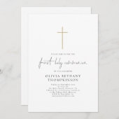 Invitation Élégant Script Croix d'or première communion saint (Devant / Derrière)