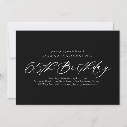 Invitation Élégant script de calligraphie 65e fête d'annivers (Devant)
