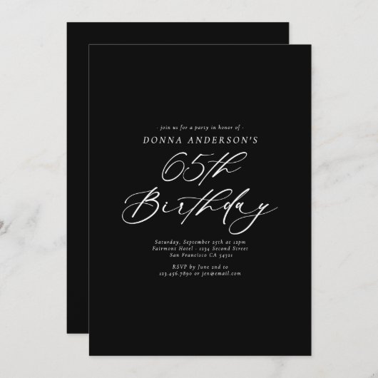 Invitation Élégant script de calligraphie 65e fête d'annivers (Devant / Derrière)
