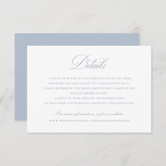 Invitation Élégant script de calligraphie bleu Détails du Mar (Devant / Derrière)