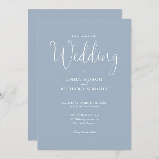 Invitation Élégant script de calligraphie Mariage bleu Dusty (Devant / Derrière)