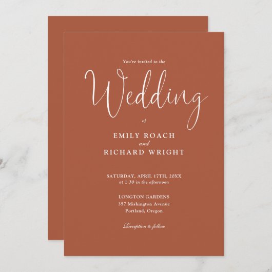 Invitation Élégant script de calligraphie Mariage en terre cu (Devant / Derrière)