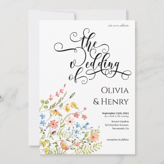 Invitation Élégant script de calligraphie Mariage floral (Devant)