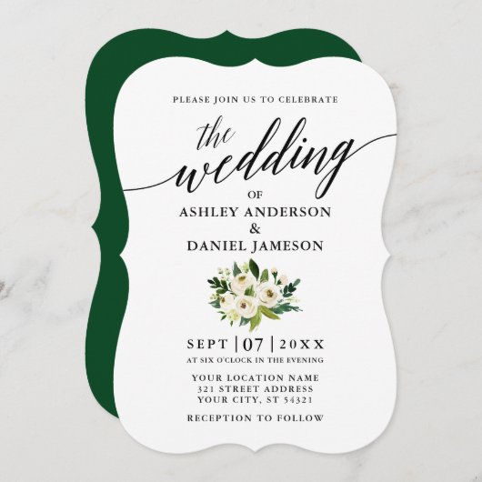 Invitation Élégant script de calligraphie Mariage floral vert (Devant / Derrière)