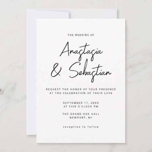 Invitation Élégant script de calligraphie Mariage noir et bla (Devant)