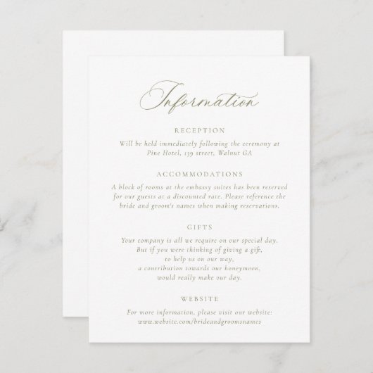 Invitation Élégant script de calligraphie Sage Détails du Mar (Devant / Derrière)