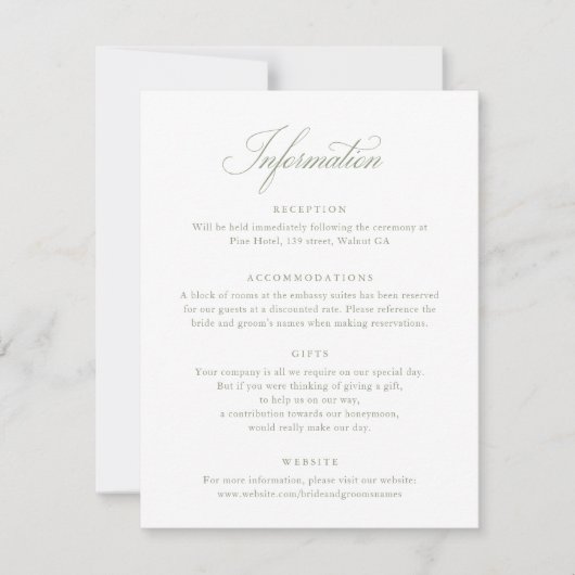 Invitation Élégant script de calligraphie Sage Mariage Info C (Devant)