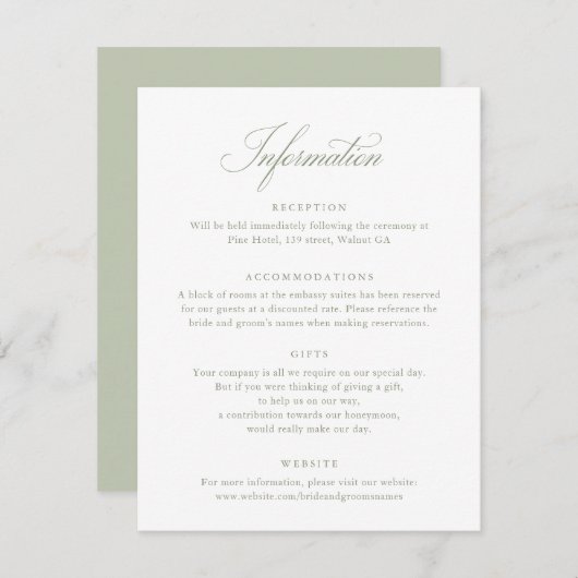 Invitation Élégant script de calligraphie Sage Mariage Info C (Devant / Derrière)