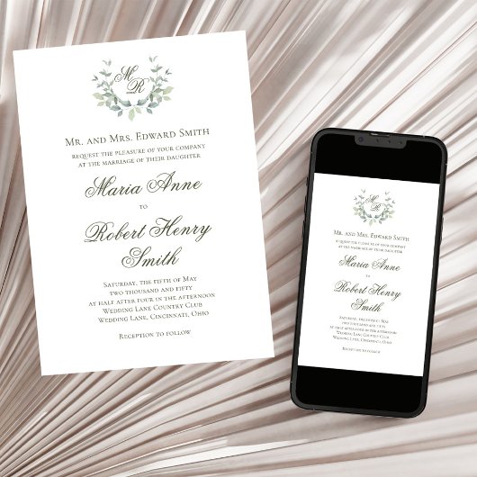 Invitation Élégant script de calligraphie verte Monogramme Ma