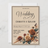 Invitation Élégant script de mariage Brown Floral (Devant)