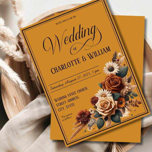 Invitation Élégant script de mariage Brown Floral
