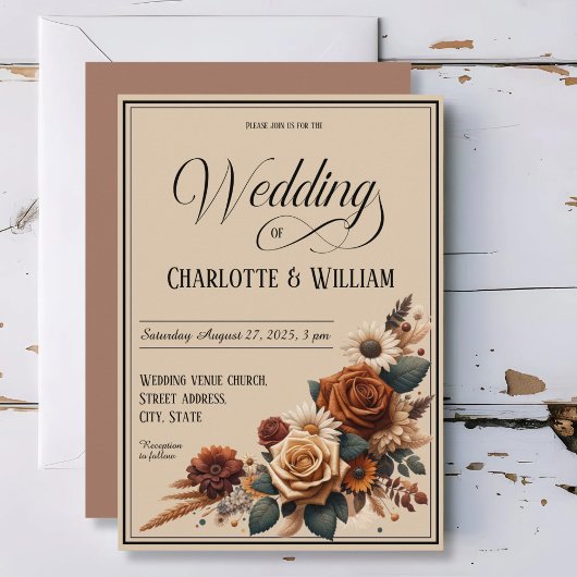 Invitation Élégant script de mariage Brown Floral
