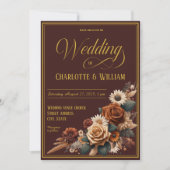 Invitation Élégant script de mariage Brown Floral (Devant)