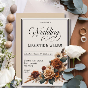 Invitation Élégant script de mariage Rustique Brown floral