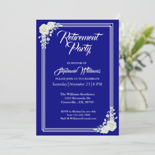 Invitation Élégant Script de retraite Bleu Rose blanche (Debout devant)