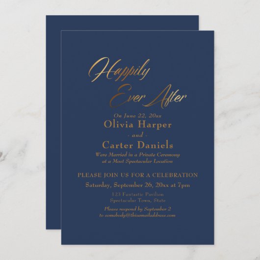Invitation Élégant script d'or joyeusement après sur Navy (Devant / Derrière)