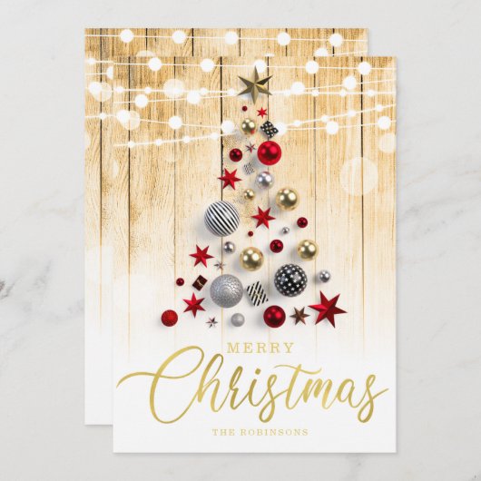 Invitation Élégant script d'or rustique Arbre de Noël (Devant / Derrière)