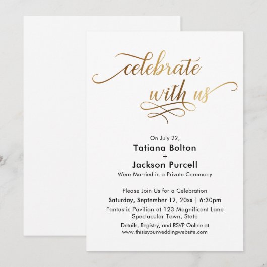 Invitation Élégant Script Doré Réception de Célébration avec  (Devant / Derrière)