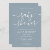 Invitation Élégant Script Dusty Baby shower bleu (Devant / Derrière)