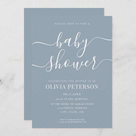 Invitation Élégant Script Dusty Baby shower bleu (Devant / Derrière)