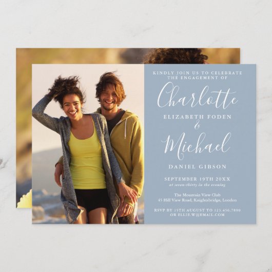 Invitation Élégant Script Dusty Blue 2 Photo Engagement Party (Devant / Derrière)