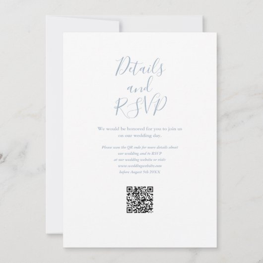 Invitation Élégant Script Dusty Blue moderne QR Code Mariage (Dos)