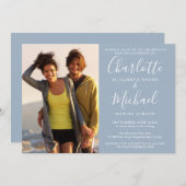 Invitation Élégant Script Dusty Blue Photo Party (Devant / Derrière)