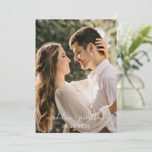 Invitation Élégant Script Dusty Blue Photo QR Code Mariage (Debout devant)