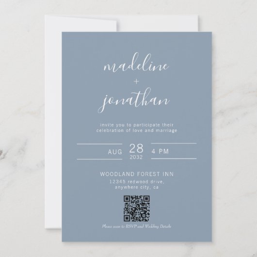 Invitation Élégant Script Dusty Blue Photo QR Code Mariage (Dos)