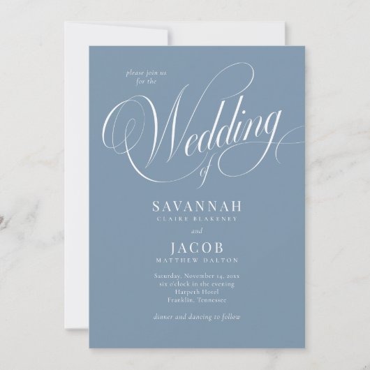 Invitation Élégant Script Dusty Mariage bleu (Devant)