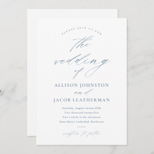 Invitation Élégant Script Dusty Mariage bleu (Devant / Derrière)