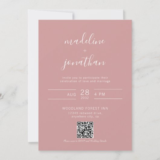Invitation Élégant script Dusty Pink Photo QR Code Mariage (Dos)