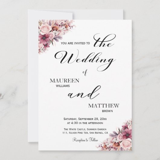 Invitation Élégant Script Dusty rose Boho Mariage Floral (Devant)