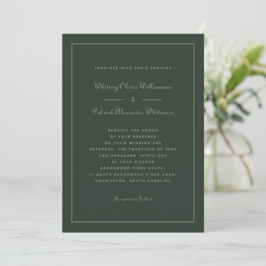 Invitation Élégant Script Emerald Green Gold Mariage formel (Debout devant)