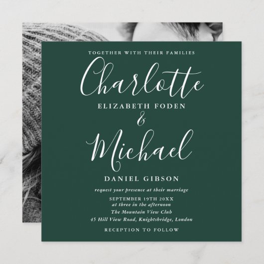 Invitation Élégant Script Emerald Green Mariage photo (Devant / Derrière)