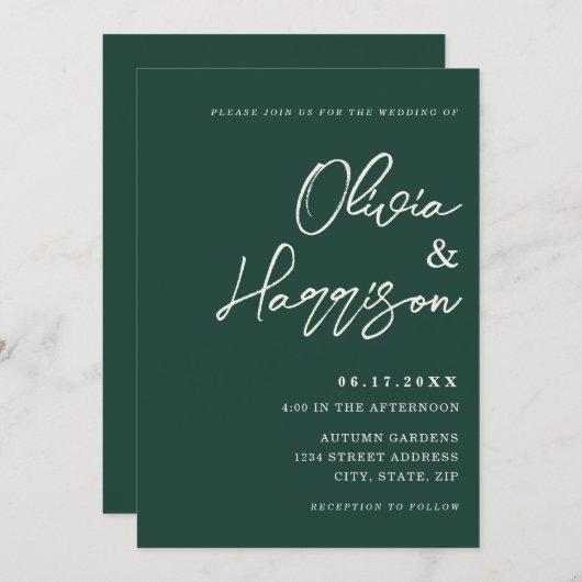 Invitation Élégant Script Emerald Green Tout en un Mariage (Devant / Derrière)