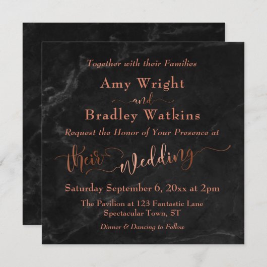 Invitation Élégant script en cuivre avec marbre noir | MARIAG (Devant / Derrière)
