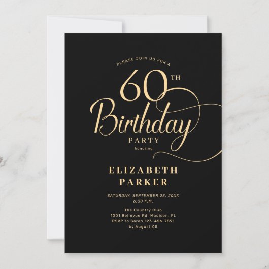 Invitation Élégant script en or noir simple 60e anniversaire (Devant)