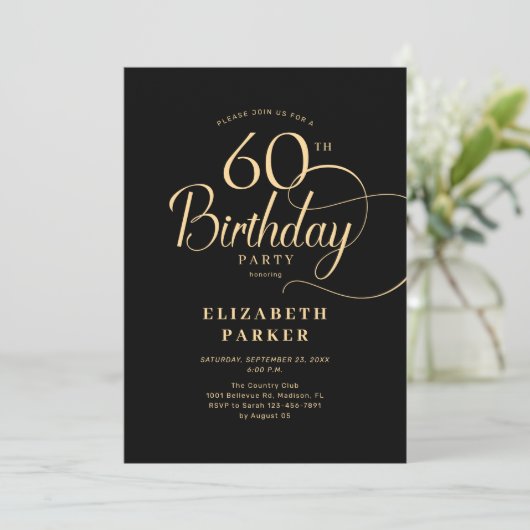 Invitation Élégant script en or noir simple 60e anniversaire (Debout devant)