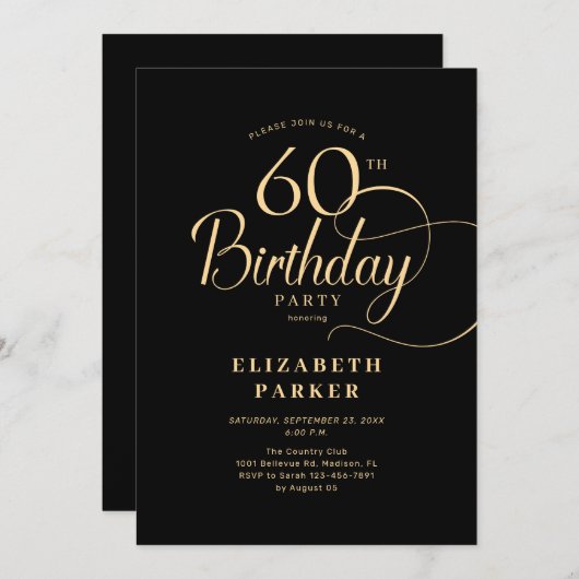 Invitation Élégant script en or noir simple 60e anniversaire (Devant / Derrière)