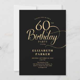 Invitation Élégant script en or noir simple 60e anniversaire