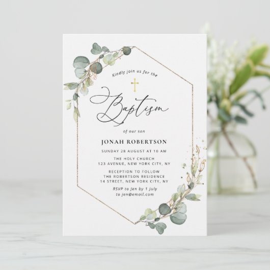 Invitation Elégant script eucalyptus cadre baptism (Debout devant)