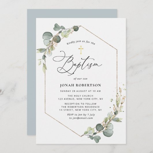 Invitation Elégant script eucalyptus cadre baptism (Devant / Derrière)