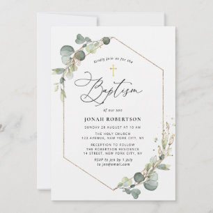 Invitation Elégant script eucalyptus cadre baptism