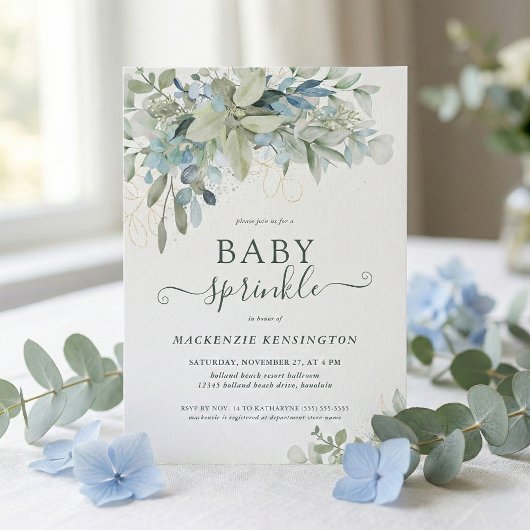 Invitation Élégant Script Eucalyptus Verdure Baby Sprinky