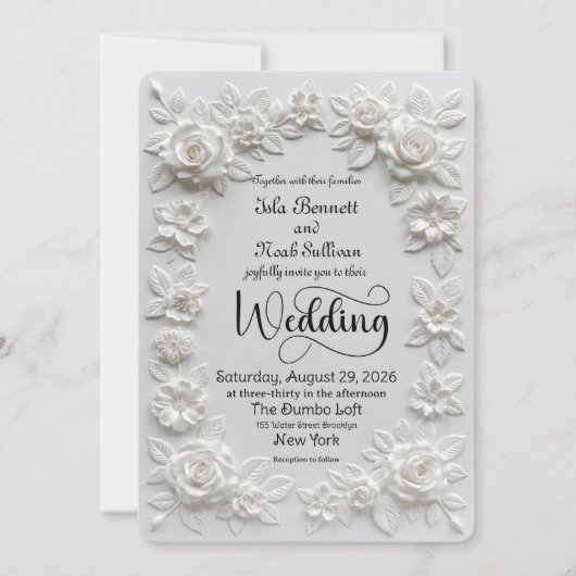 Invitation Elegant Script Faux Embossed Roses Formal Wedding (Devant)