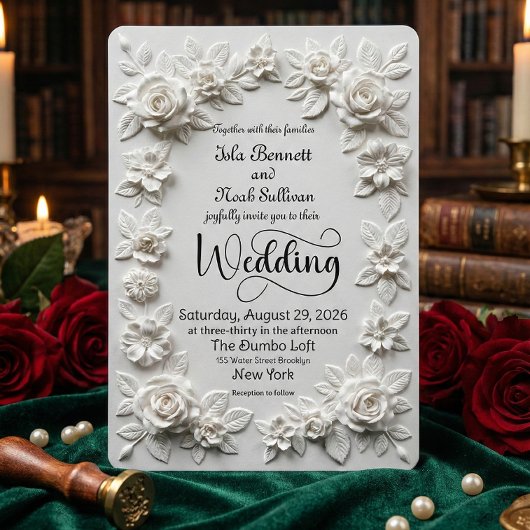 Invitation Elegant Script Faux Embossed Roses Formal Wedding 