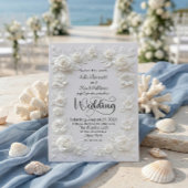 Invitation Elegant Script Faux Embossed Roses Formal Wedding