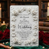 Invitation Elegant Script Faux Embossed Roses Formal Wedding
