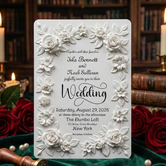 Invitation Elegant Script Faux Embossed Roses Formal Wedding